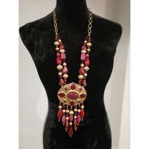 Chico’s Statement Necklace Merlot Gold Tone Chain Accent Beads Limited EDITION